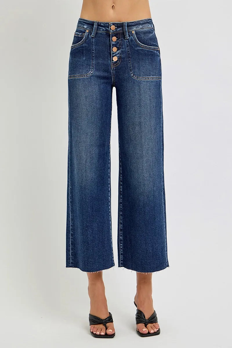 RISEN Full Size High Rise Crop Wide Button Up Jeans Plus Size
