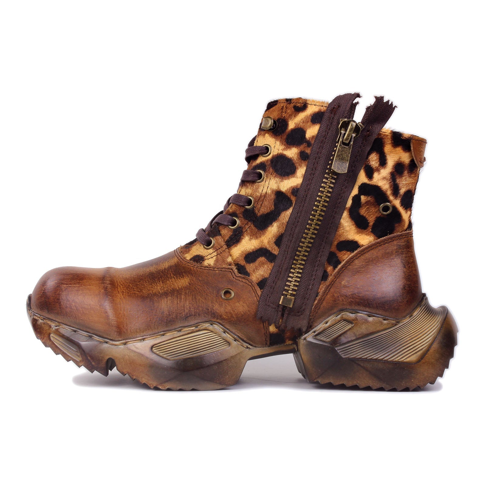 Men's Leather athletic walking Moto Boots OS-5008-S-8-Leopard