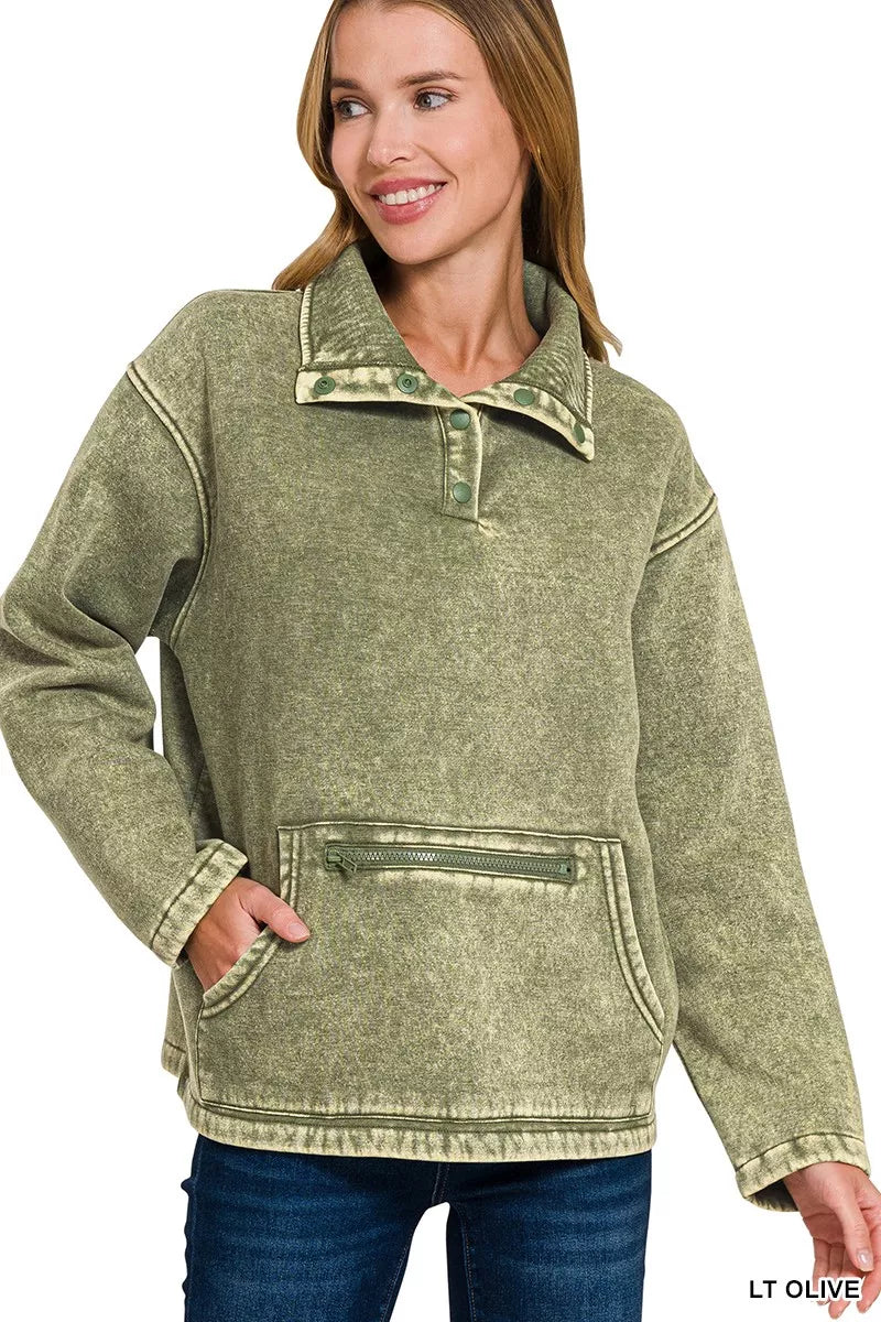 Fleece Washed High Neck Kangaroo Pocket Sweatshirt