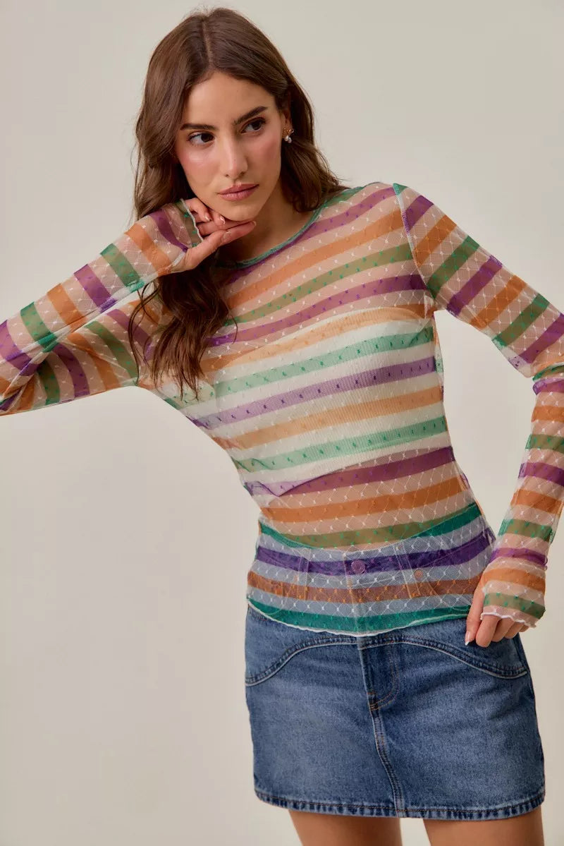 SO ME Mardi Gras Color Stripe Stretch Mesh Top