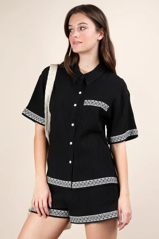 VERY J Crinkled Woven Shirt Top & Shorts Set