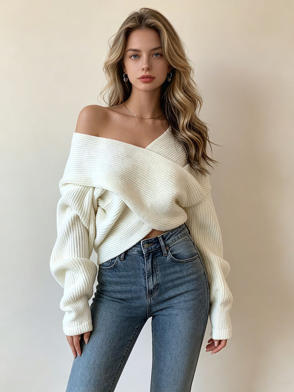 Loose-fitting Cropped Knitted Irregular Sweater For Women