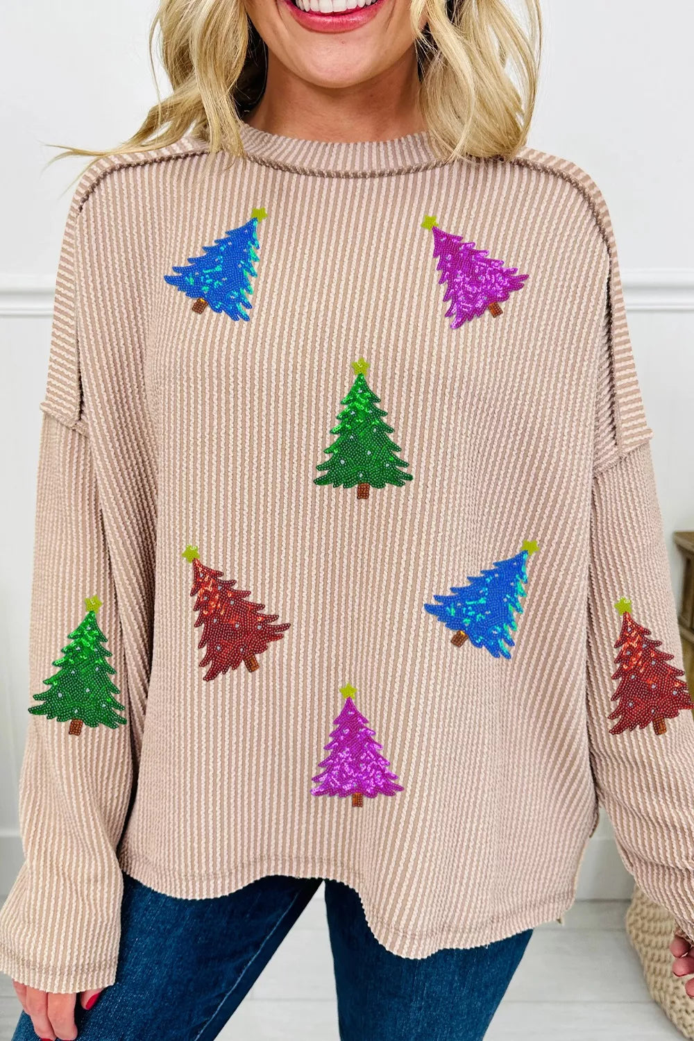 Sequin Christmas Tree Exposed Seam Drop Shoulder Ribbed Long Sleeve Top