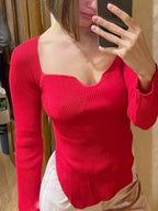 Ribbed Knit Sweetheart Neckline Sweater