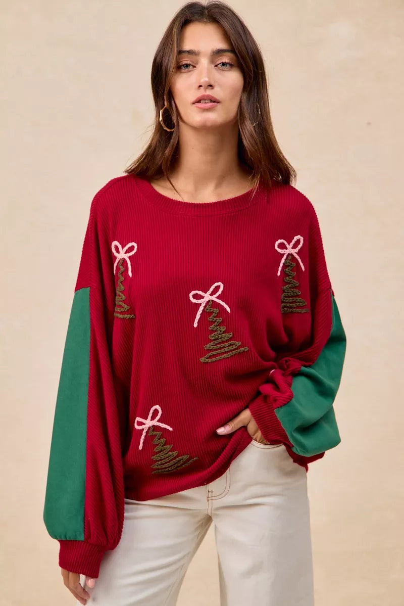 Christmas Theme Tree Embroidered Sweater