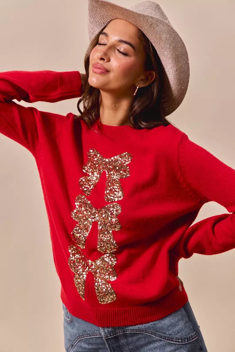 Sequins Bow Ribbon Embellished Christmas Sweater