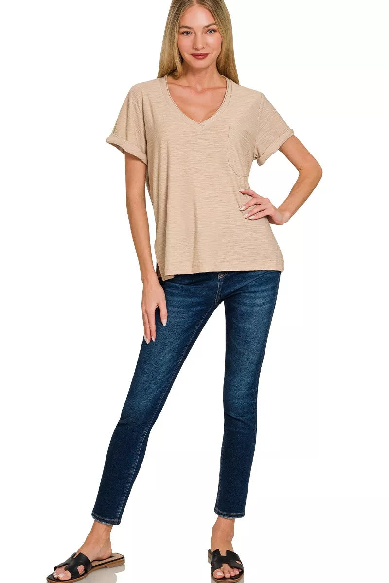 Zenana Slub Rolled Short Sleeve V-Neck Tee