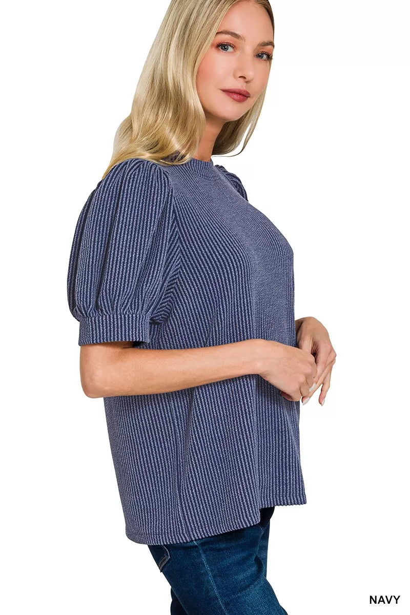 Raised Rib Puff Sleeve Top