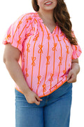 Rose Bowknot Print Shirred V Neck Puff Sleeve Plus Size Blouse