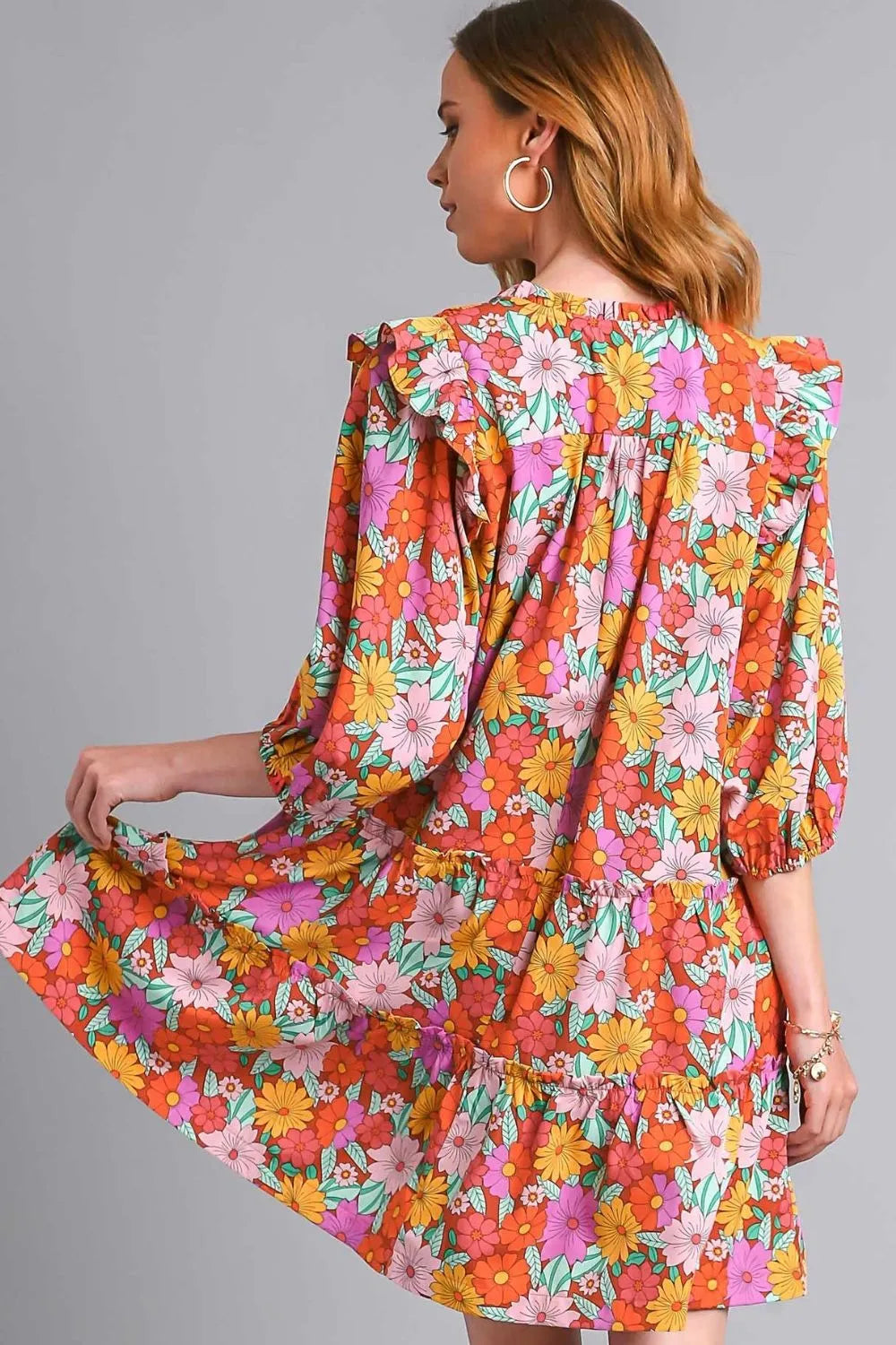 Umgee Full Size Ruffled Flower Print Tie Neck Tiered Dress Plus Size