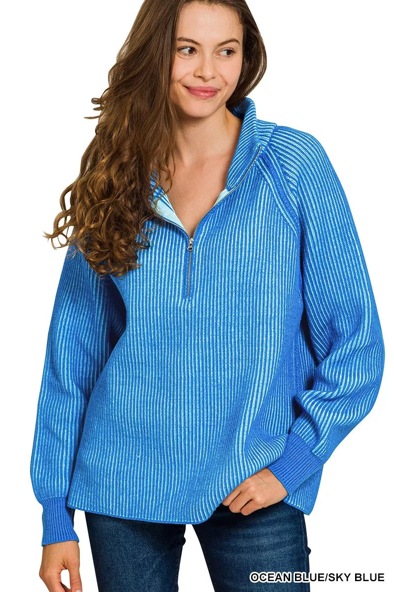 Ribbed Two Tone Half Zip Sweater