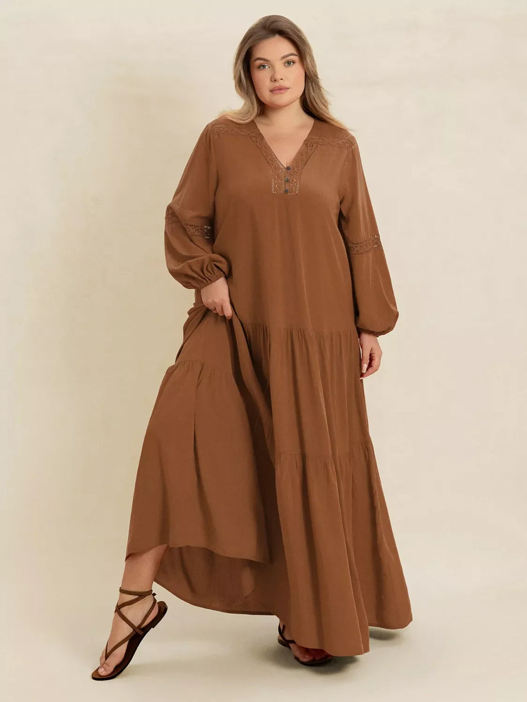 Plus Size Bohemian Tiered Maxi Dress with Balloon Sleeves