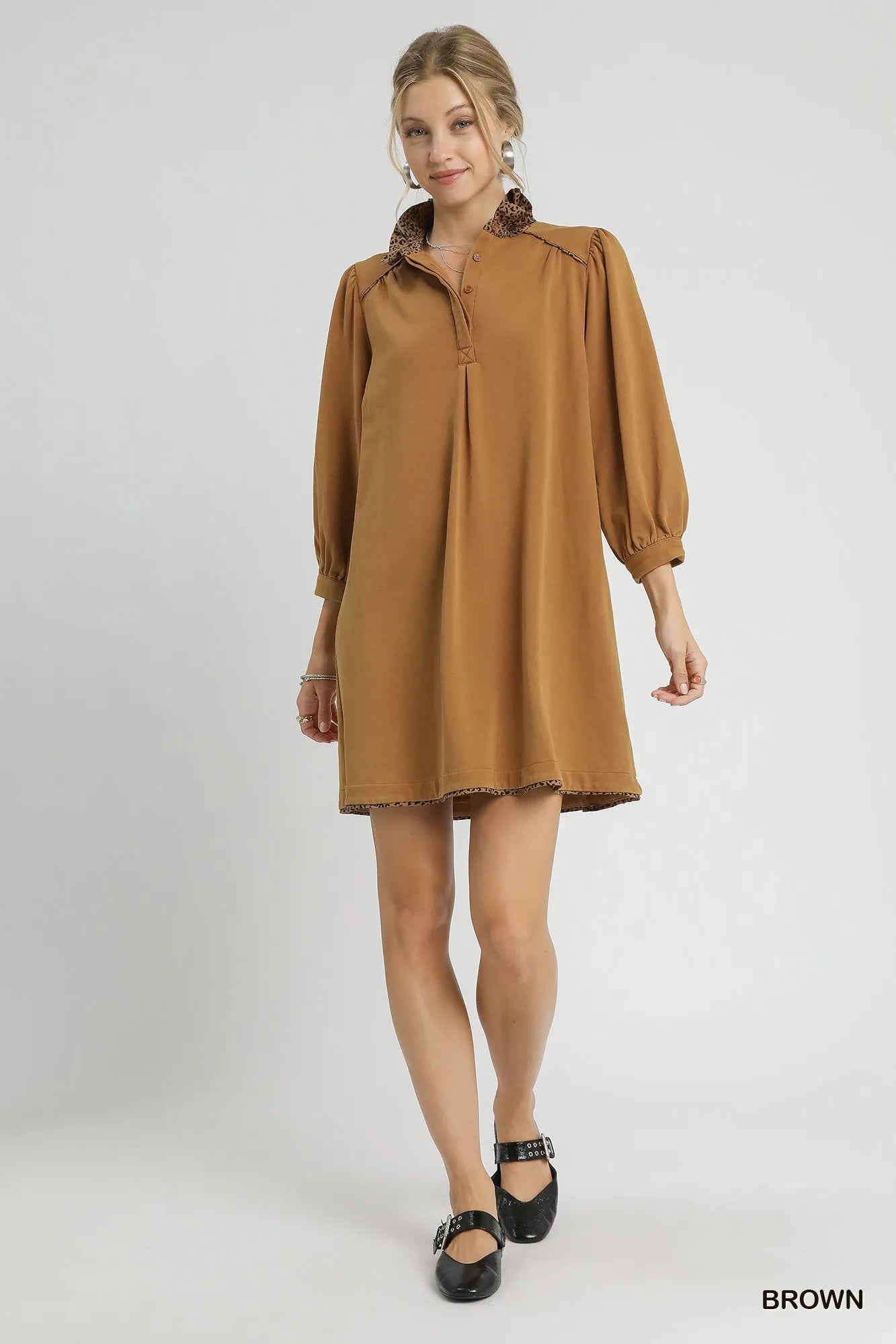 French Terry Balloon Sleeve Shift Dress with Leopard Print Detail