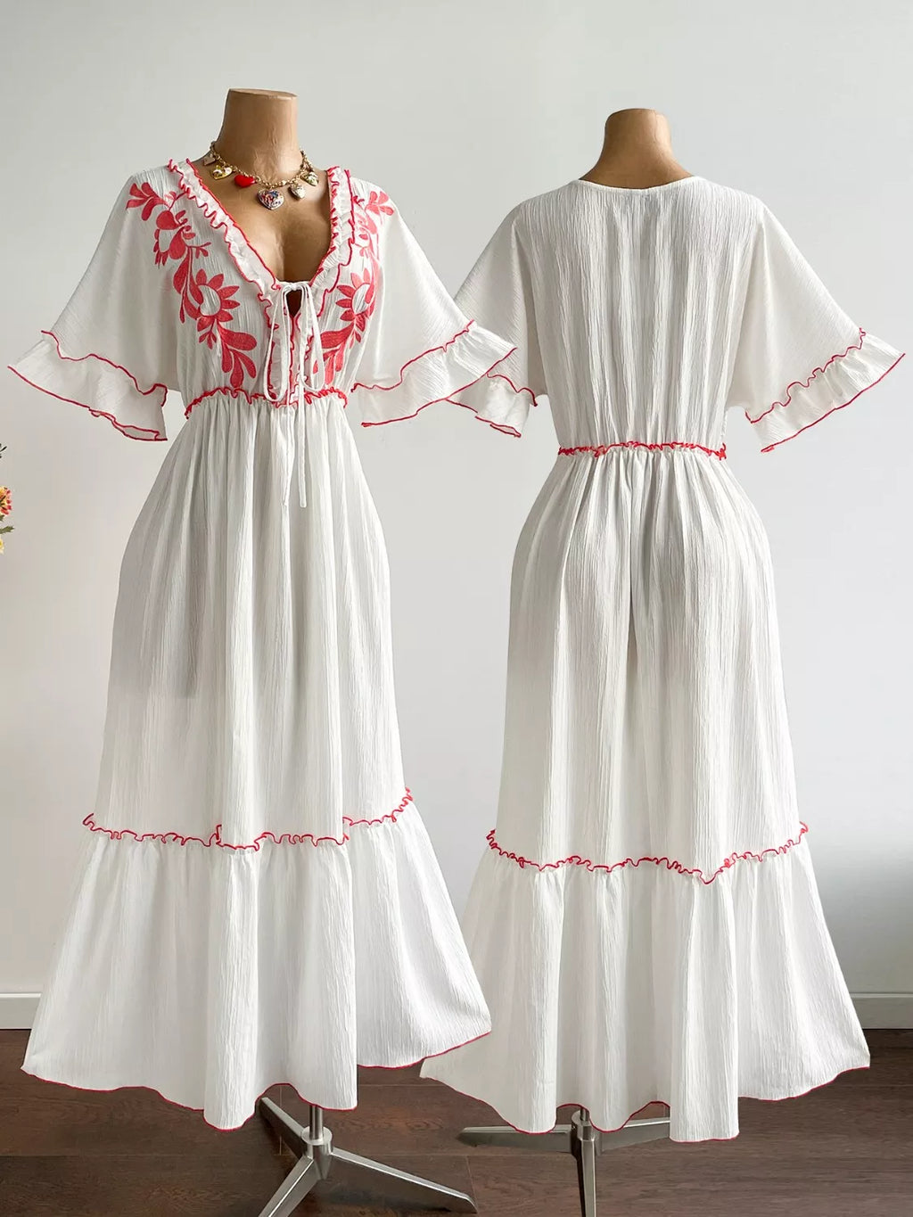 Plus Size Front Tie Maxi Dress with Floral Embroidered