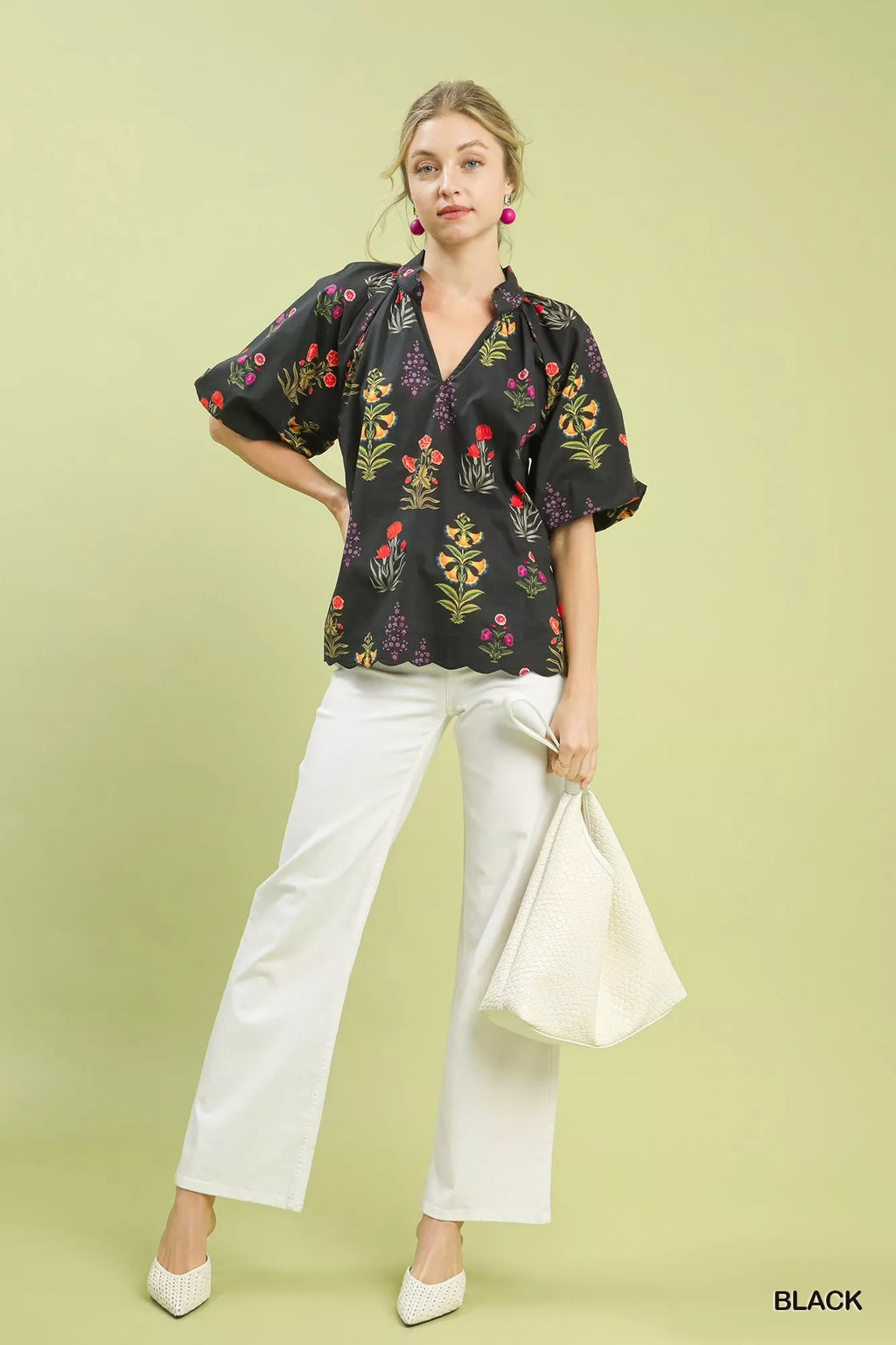 Floral Print Puff Sleeve Scallop Hem Blouse