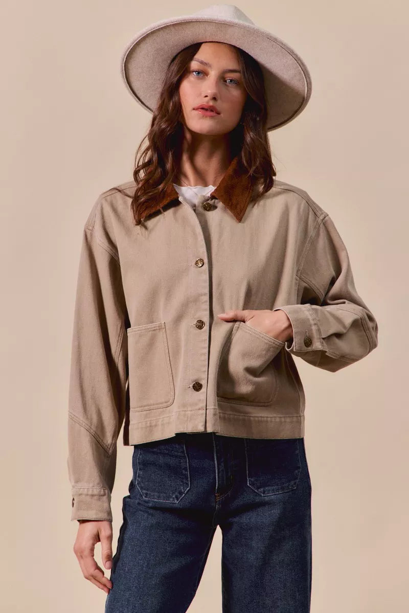 Cotton Twill Cropped Barn Jacket wtih Collar