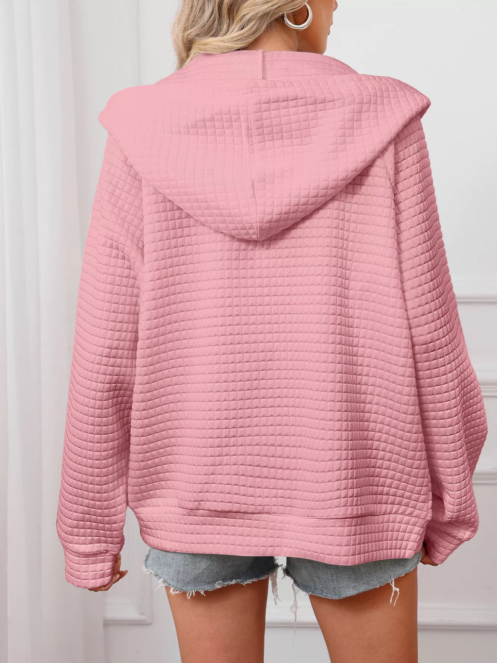 Full Size Textured Quilted Zip-Up Hooded Jacket Plus Size