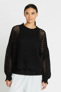 Pima Cotton Hamptons Crewneck Crochet Sweater - Black