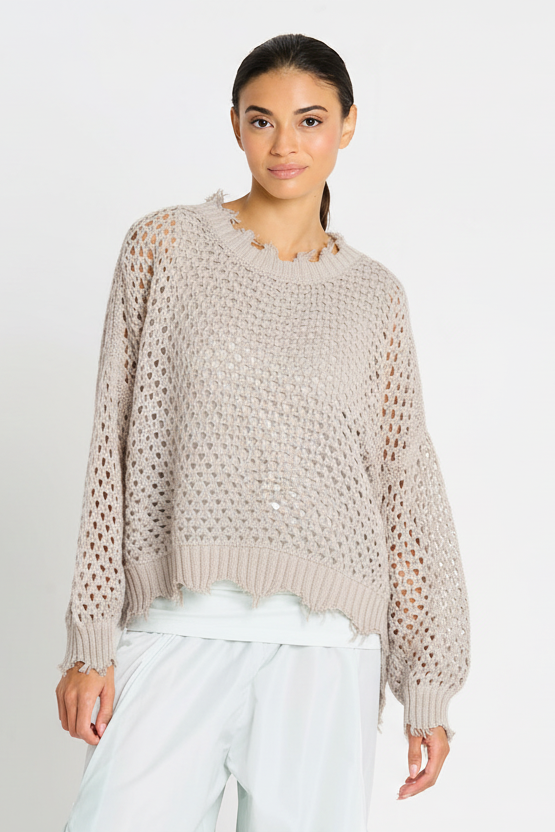 Pima Cotton Hamptons Crewneck Crochet Sweater - Putty