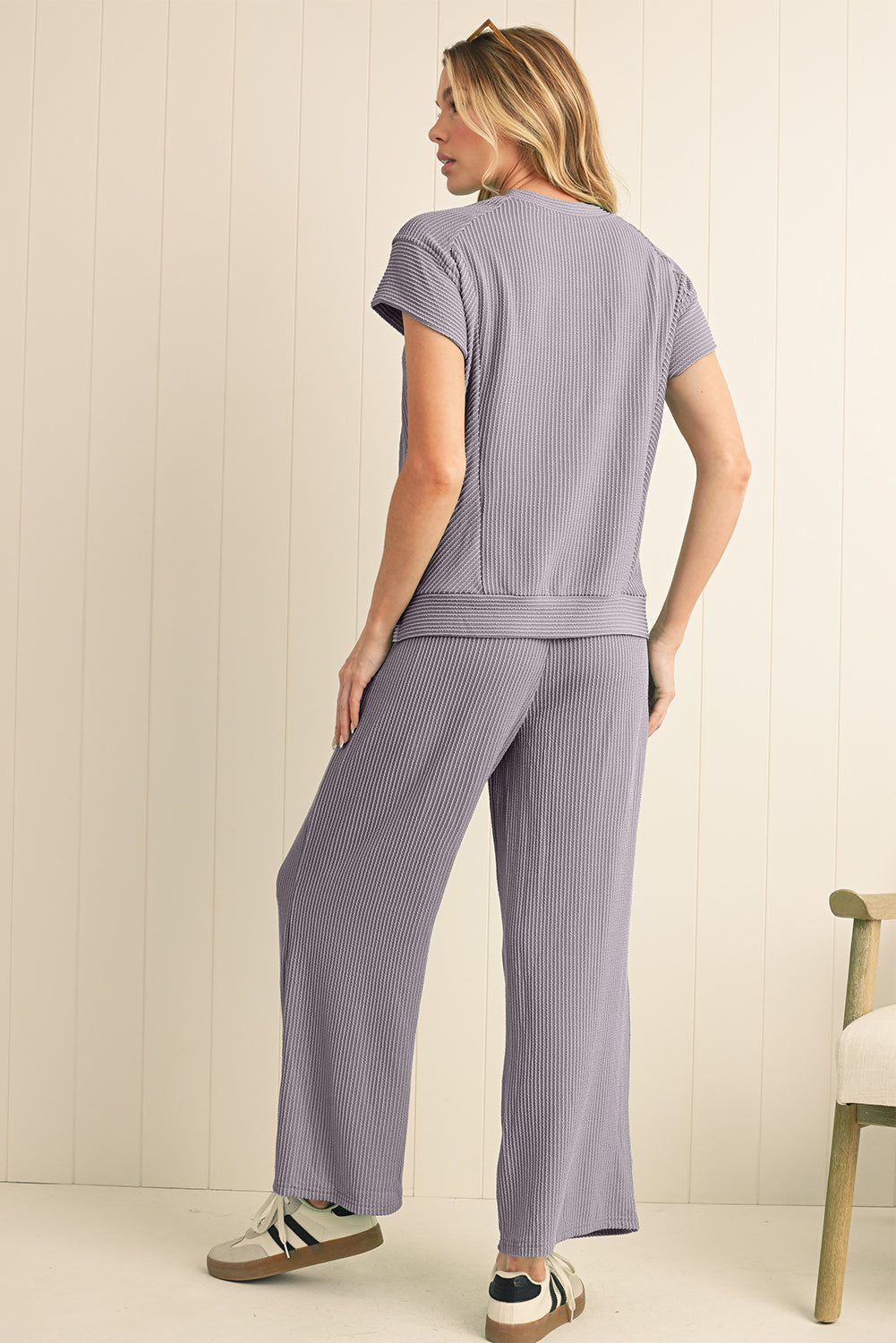 Blue Solid Corded Short Sleeve T Shirt and Wide Leg Pants Set