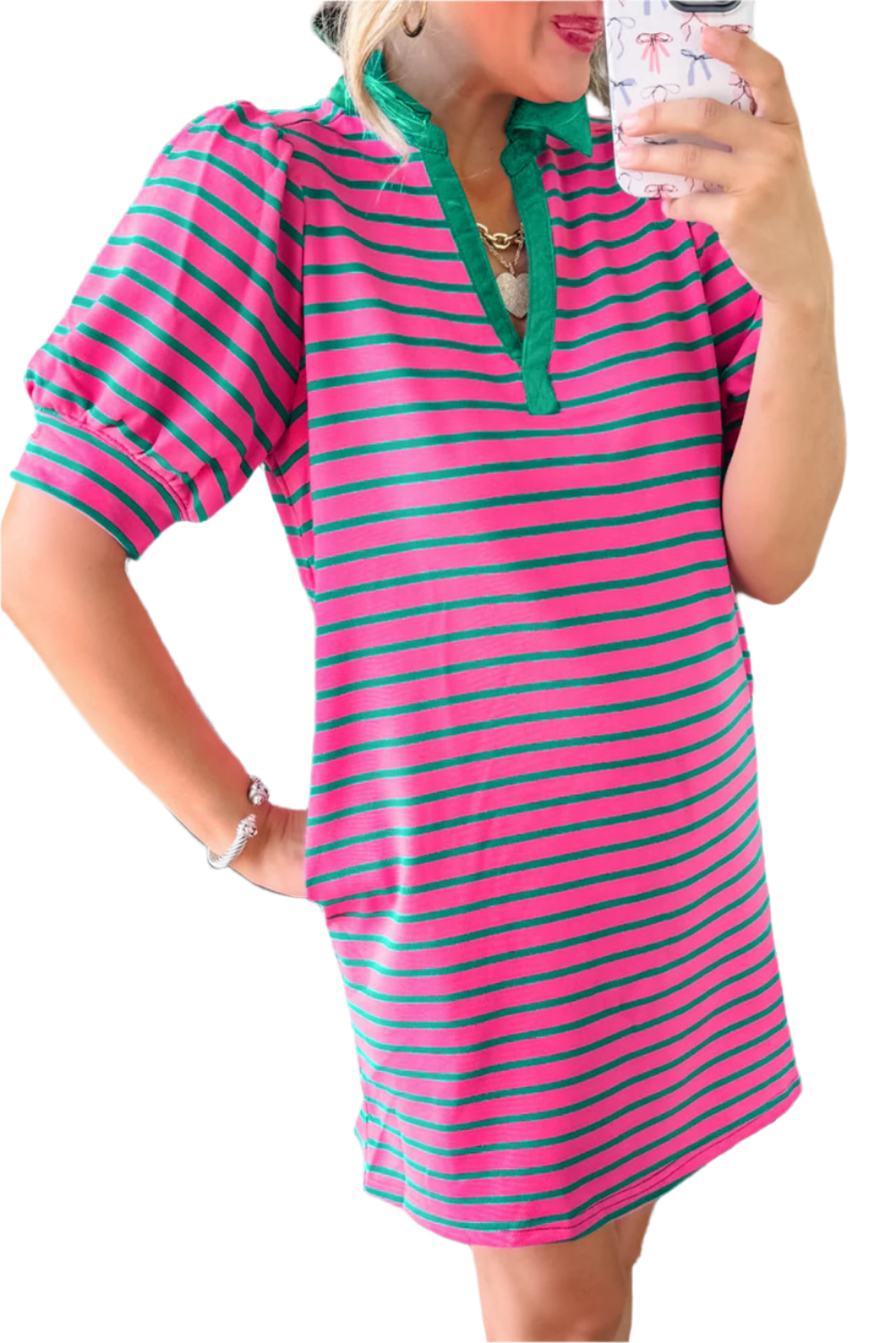 Pink Stripe Collared Puff Sleeve Pop of Color Neckline T Shirt Dress