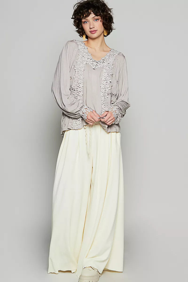 POL Floral Embroidery Woven Top with Lace Trim