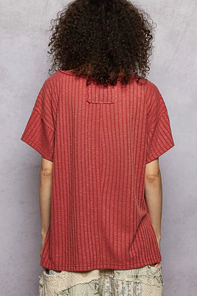 POL Ribbed Knit V-Neck Short Sleeve T-Shirt with Side Slit