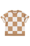 Light French Beige Plus Size Checkered Pattern Knit Short Sleeve Sweater
