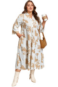 Khaki Patterned Ruffled Sleeve Half Placket Tiered A-line Plus Size Long Dress