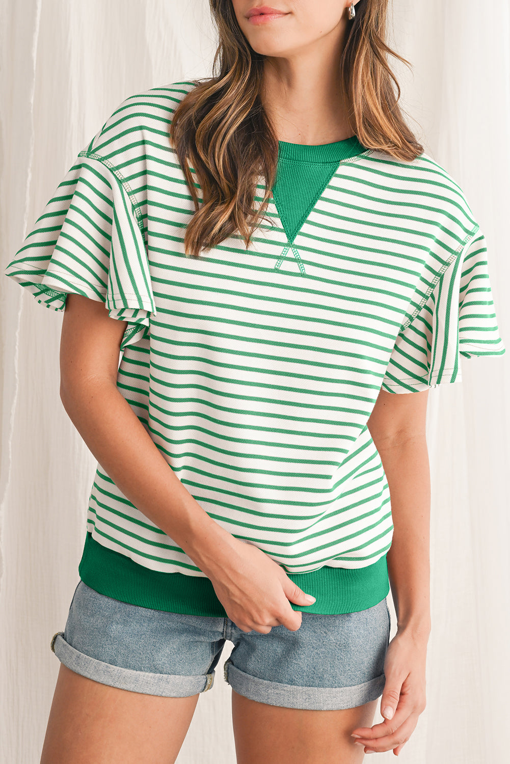 Parchment Striped Ruffle Sleeve Round Neck Top