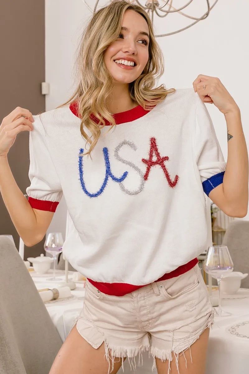 BiBi USA Metallic Letter Color Block Knit Top