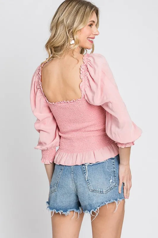 GeeGee Full Size Ruffled Smocked Frill Square Neck Top Plus Size