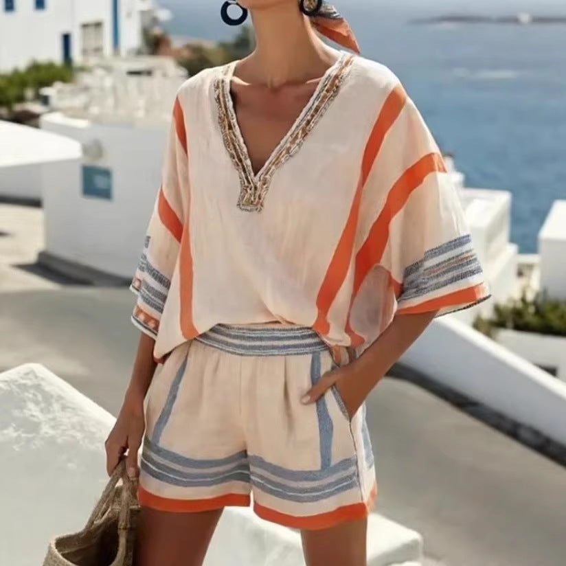 Women's Cotton Striped V Neck Top and Shorts Set
