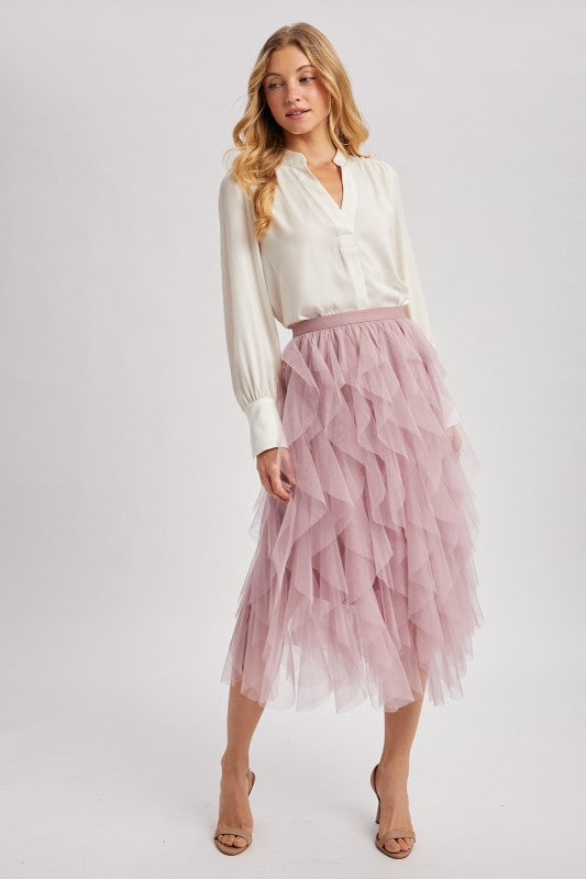 Spiral Ruffled Tulle Midi Skirt