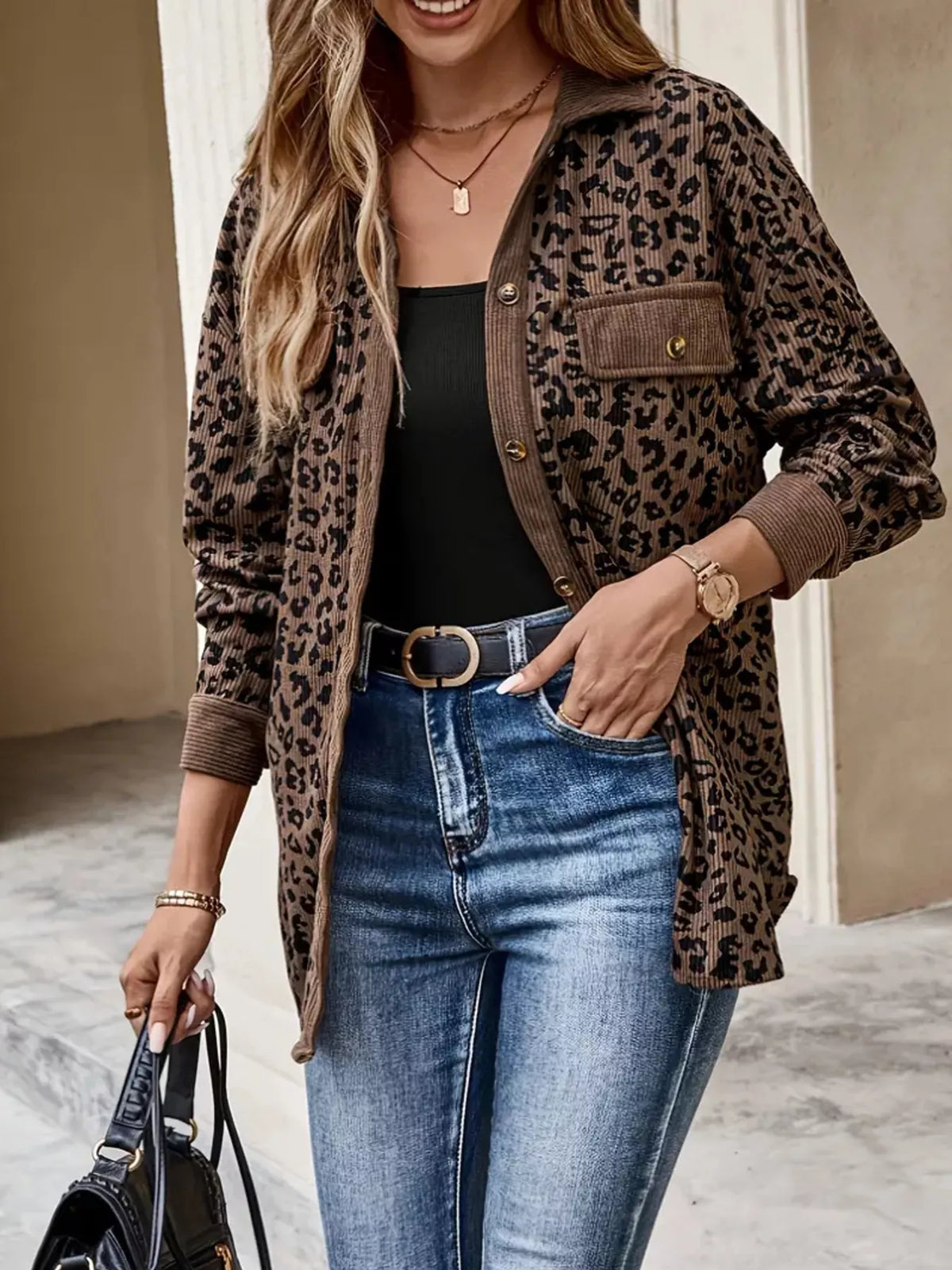 Leopard Print Corduroy Button-Up Jacket