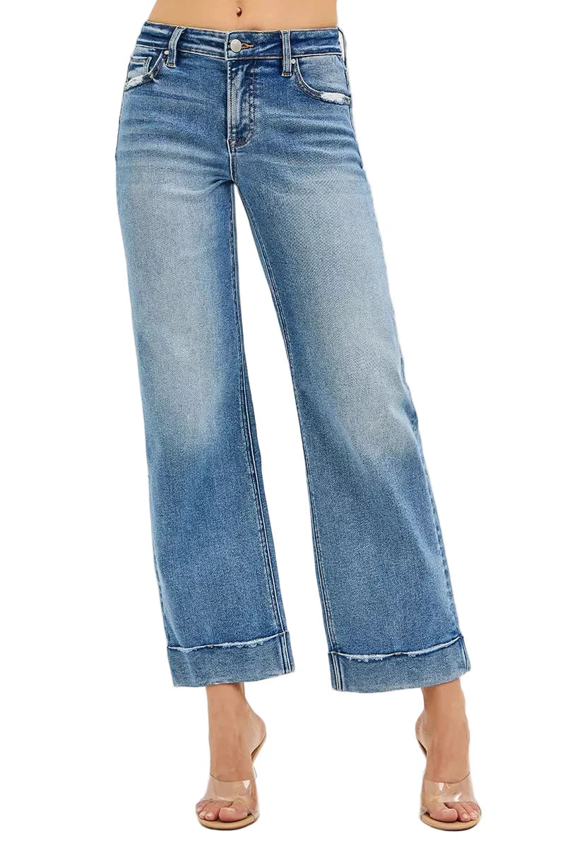 RISEN Full Size Mid Rise Crop Straight Jeans with Taylor Cuffed Plus Size