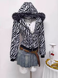 Zebra Faux Fur Hooded Zip-Up Outerwear