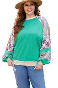 Sky Blue Plus Size Plaid Floral Patchwork Raglan Sleeve Sweatshirt