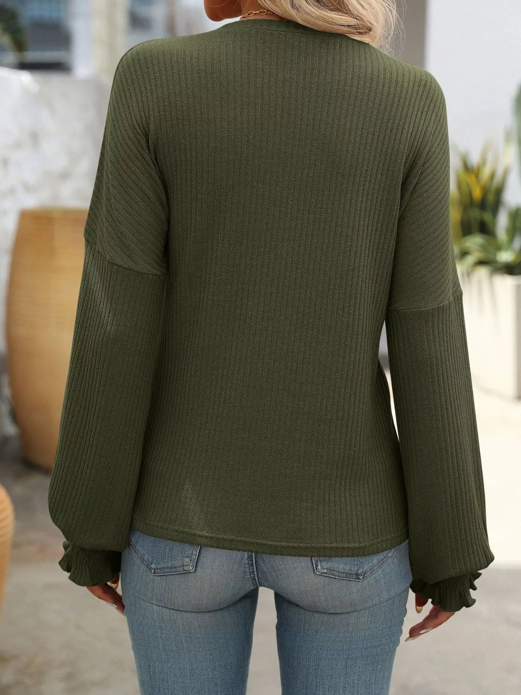Ribbed Knit Ruffle Cuff T-Shirt