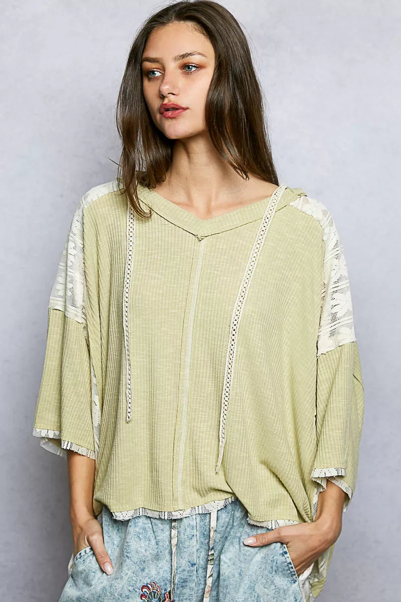 POL Short Sleeve Hoodie Top with Lace Detail