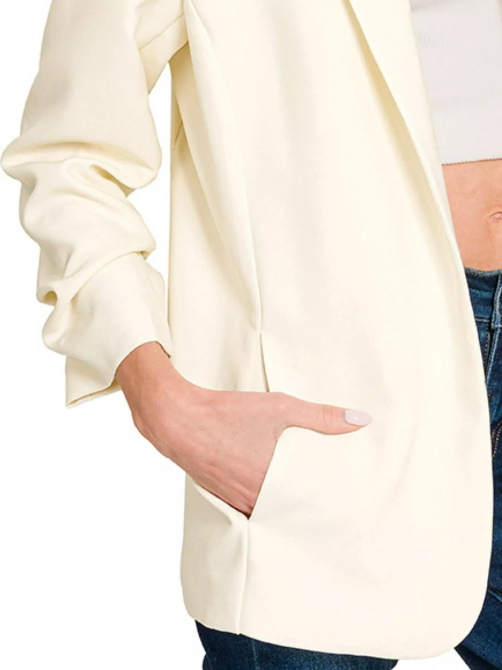 Zenana Woven 3/4 Ruched Sleeve Open Front Classic Blazer