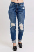 Full Size Mid Rise Boyfriend destroy Jeans with Yoke Pockets and Faux Selvedge Cuff Plus Size
