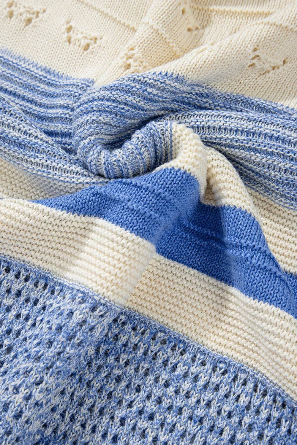 Openwork Striped Knit Long Sleeve Sweater