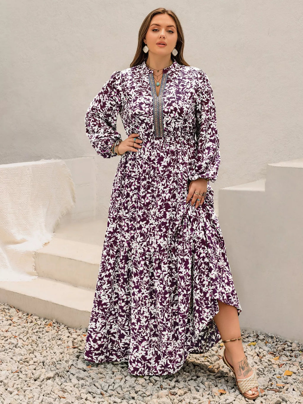 Plus Size Floral Print Maxi Dress with Long Sleeves