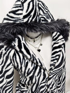 Zebra Faux Fur Hooded Zip-Up Outerwear