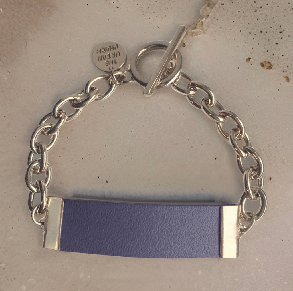 Navy Leather and Chain ID Toggle Bracelet