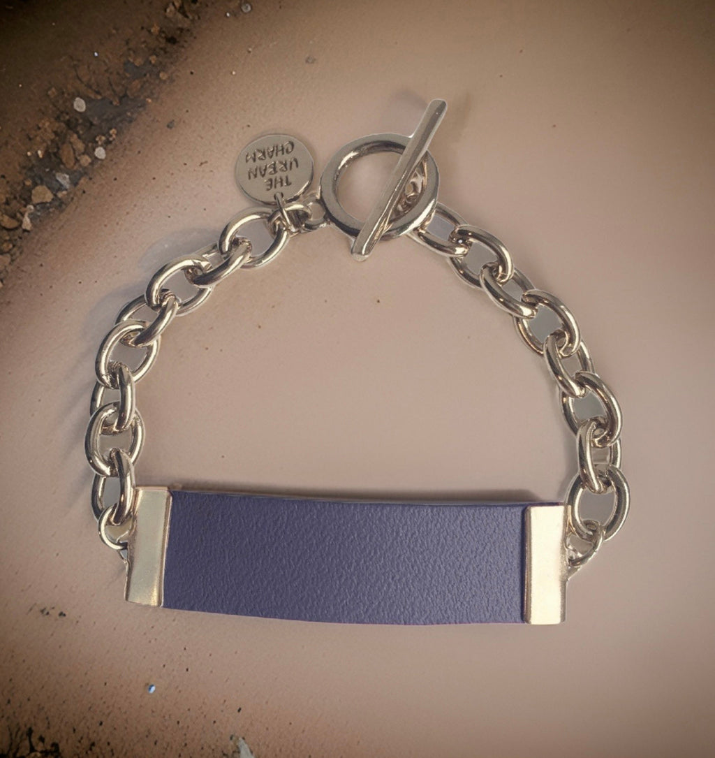 Navy Leather and Chain ID Toggle Bracelet