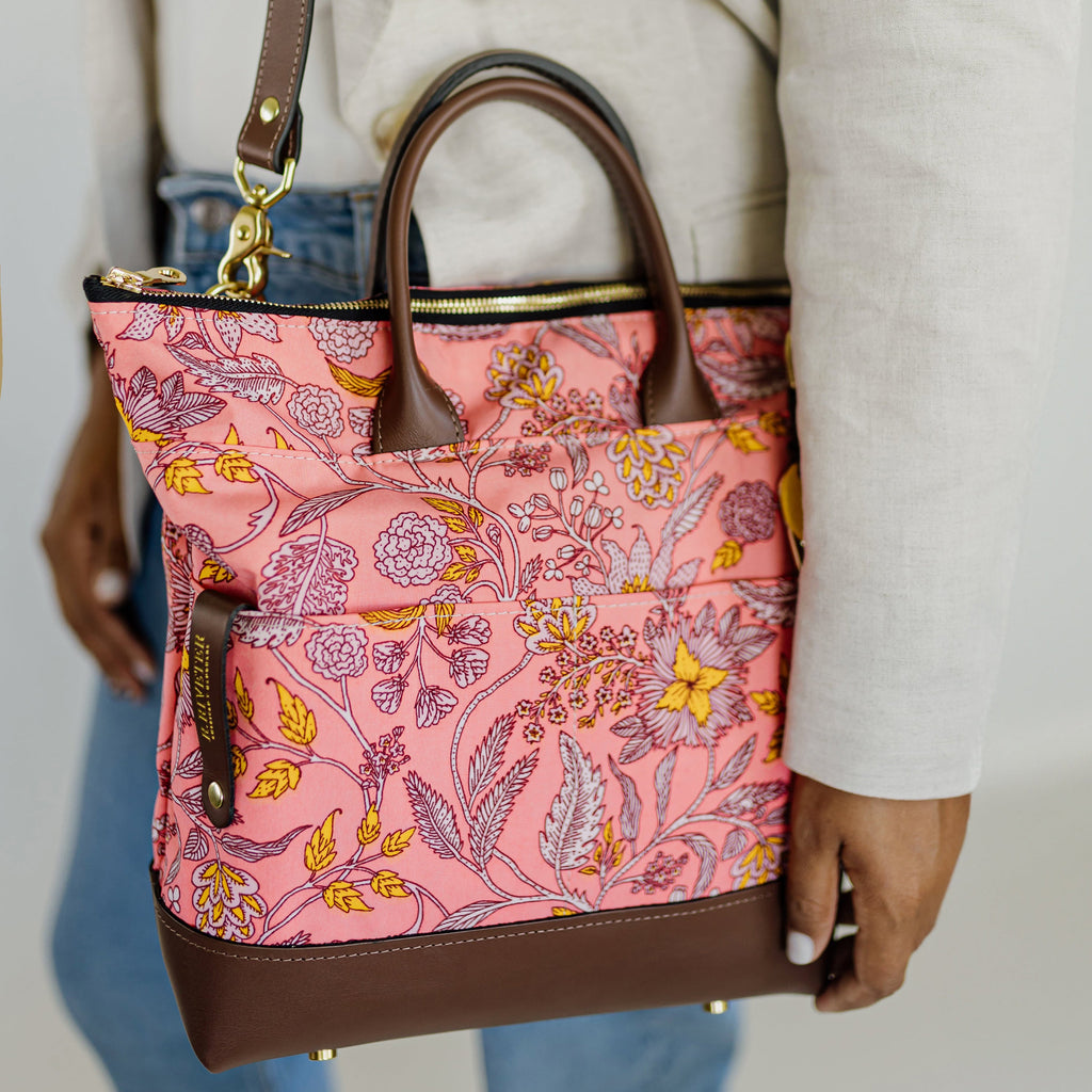 Otto | Rose Bandana Printed Nylon + Brown Leather Satchel