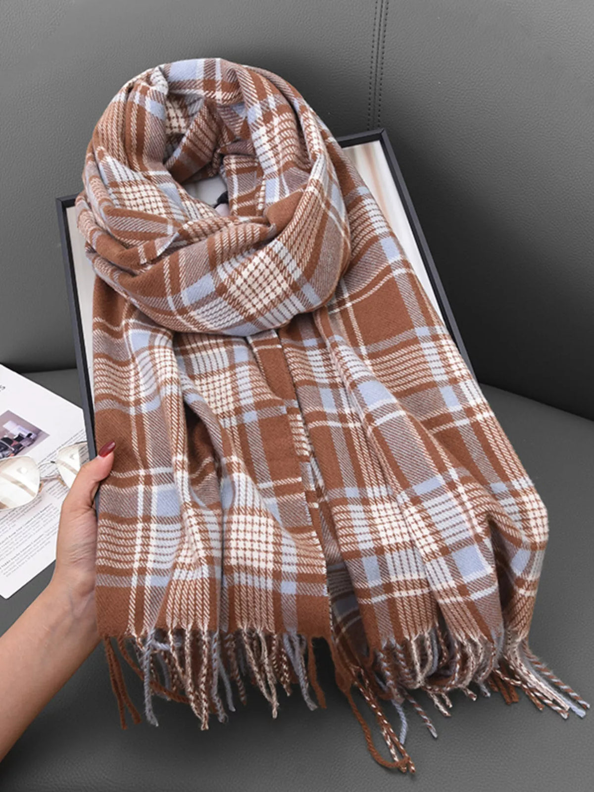 Plaid Tassel Hem Winter Scarf