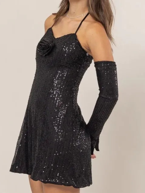 HYFVE Sequin Rosette Halter Mini Dress